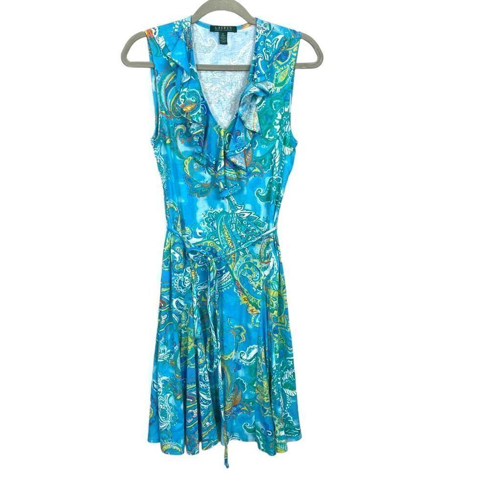 Lauren Ralph Lauren Womens Blue Watercolor Paisley Swing Belted Dress
